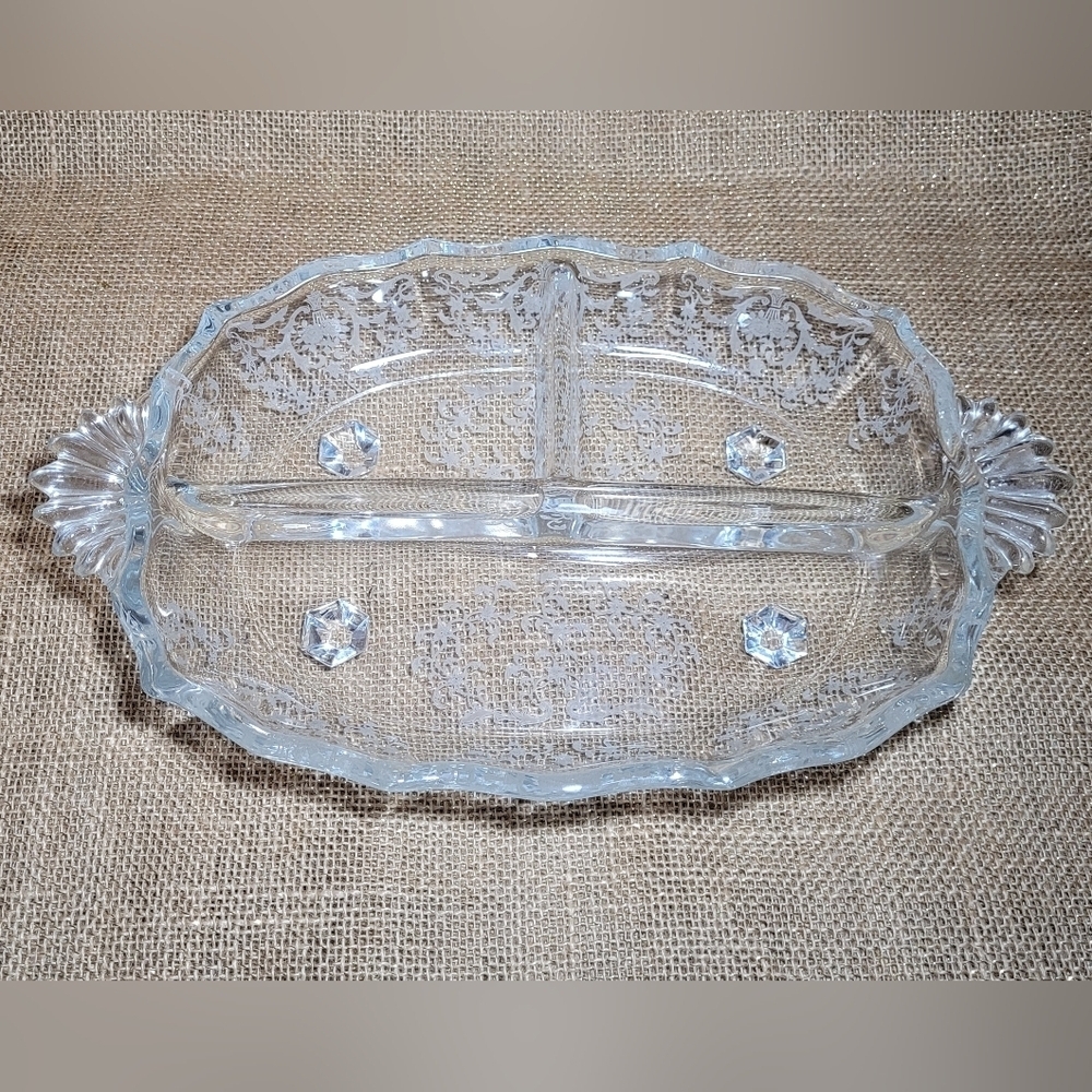 Fostoria Navarre UV Glow Floral Etched Crystal 3 Part Relish Dish Footed Baroque